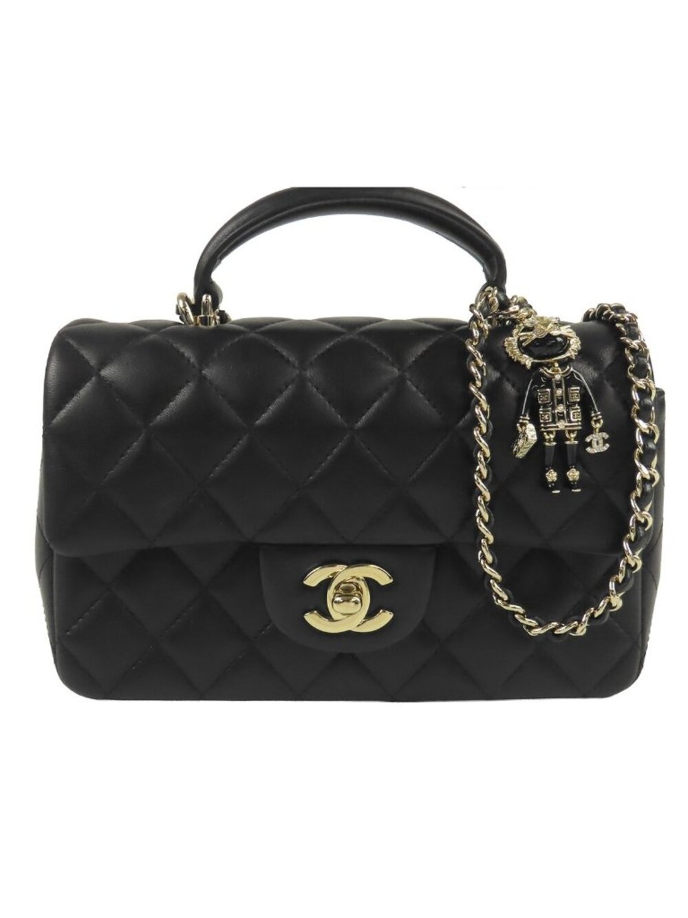 Chanel Chain Shoulder Bag Black Gold Lambskin Mini Quilted Lion Charm 2-Way